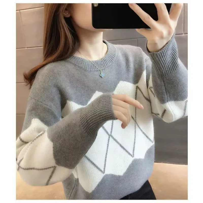 Sweater Women's Autumn and Winter New Warmth Thick Knitted Sweater Color-blocking Slim Base Shirt Top Base Shirt