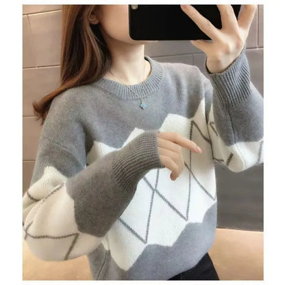 Sweater Women's Autumn and Winter New Warmth Thick Knitted Sweater Color-blocking Slim Base Shirt Top Base Shirt