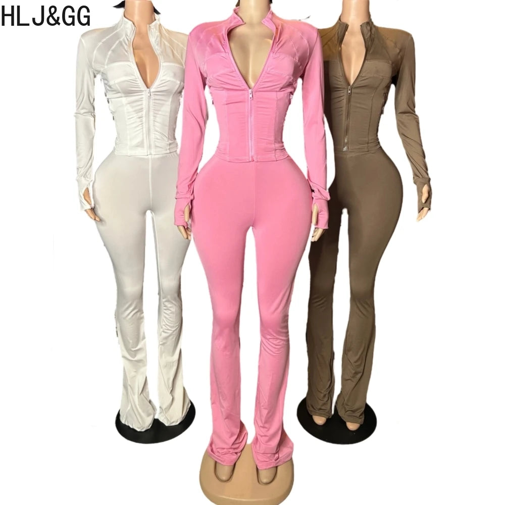 HLJ&GG Casual Solid Sporty Two Piece Sets Women Zipper Long Sleeve Slim Top And Skinny Pants Outfits Spring New 2pcs Tracksuits