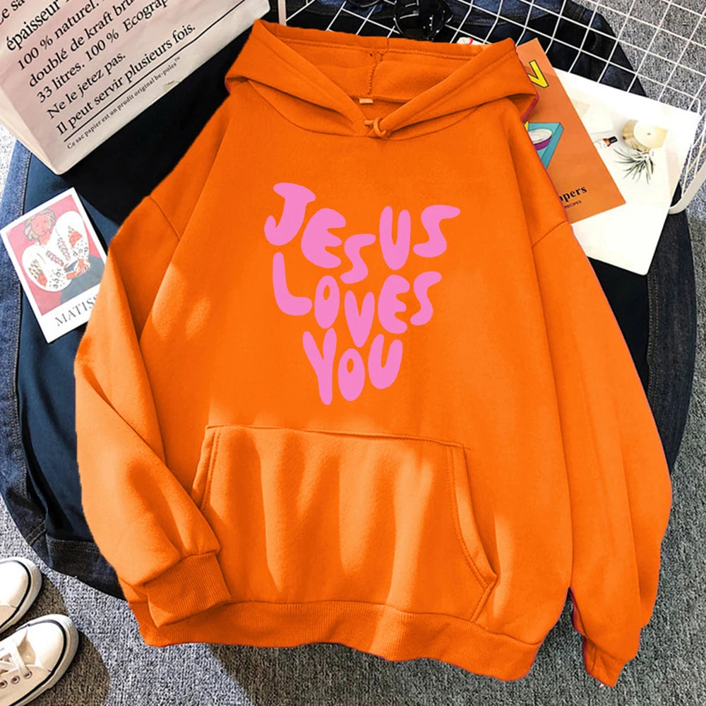 Jesus Loves Me Letter Funny Prints Hoodies Women Autumn Warm Sweatshirt Fleece All-Match Clothes Pocket Oversized Hoody