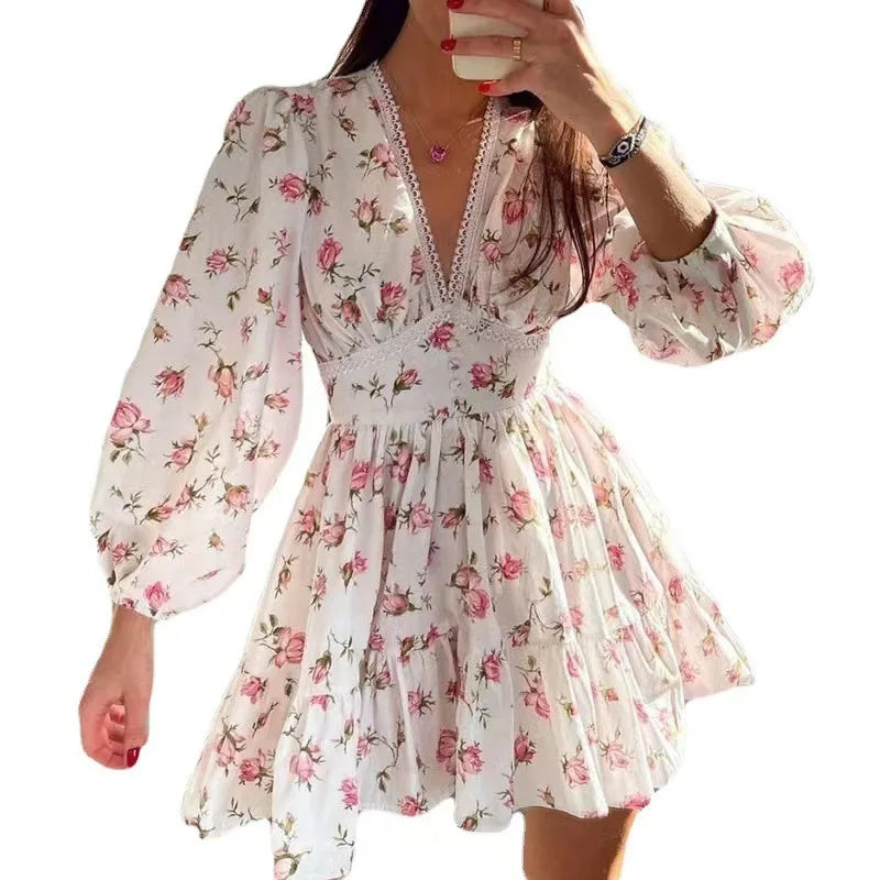 2025 New Women Summer Mini Dress Long Sleeve Flower Print Boho Dress Sexy V-Neck High Waist A-Line Dress Vestidos Clothes