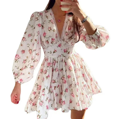 2025 New Women Summer Mini Dress Long Sleeve Flower Print Boho Dress Sexy V-Neck High Waist A-Line Dress Vestidos Clothes