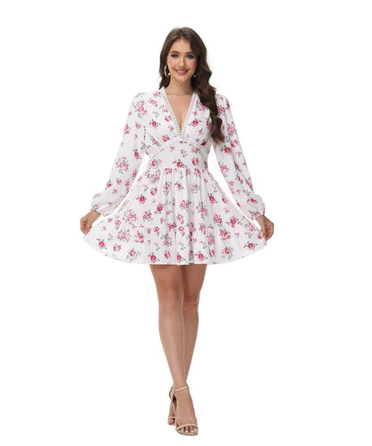 2025 New Women Summer Mini Dress Long Sleeve Flower Print Boho Dress Sexy V-Neck High Waist A-Line Dress Vestidos Clothes