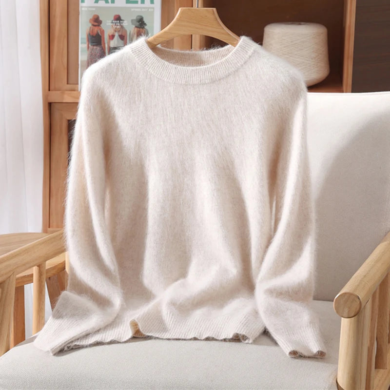 Autumn Winter Sweater Pullover Women's Clothing 100% Mink Cashmere Sweater Pullover O-Neck Basic Long Sleeve Warm Fleece Knitted