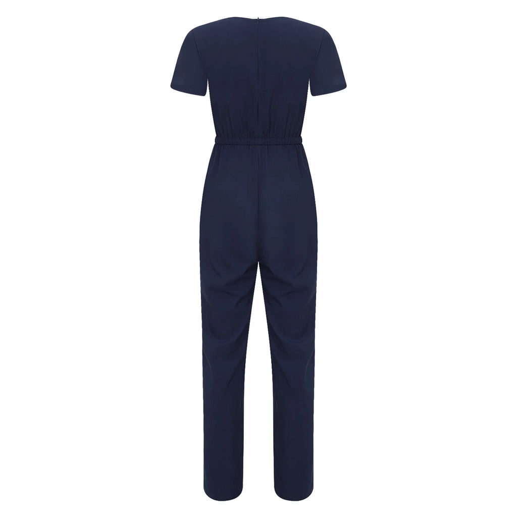 Women Scrub Jumpsuit Nurse Doctor Medical Esthetician Workwear Short Sleeve Multi-pockets Elastic Waist Jogger Pants Rompers