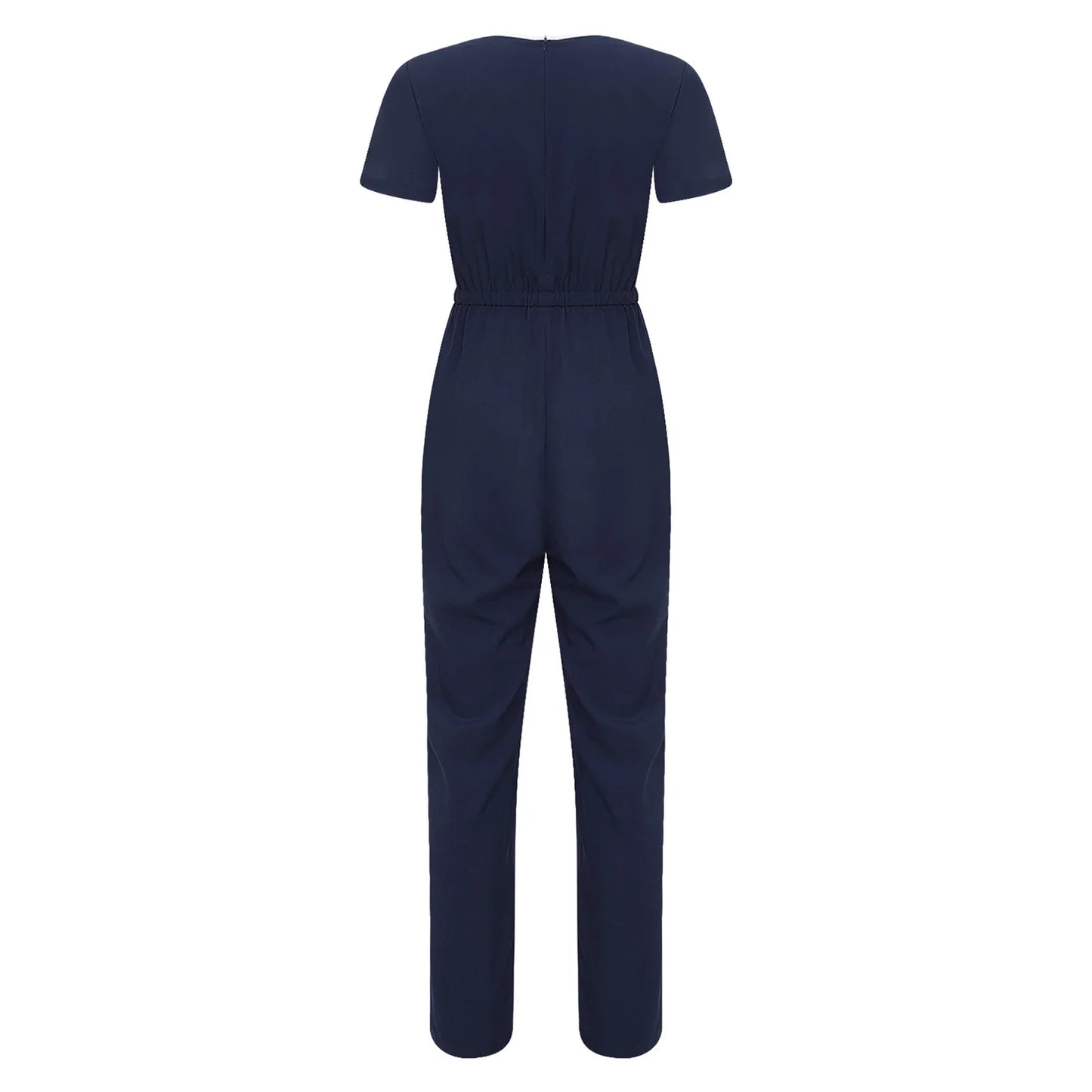 Women Scrub Jumpsuit Nurse Doctor Medical Esthetician Workwear Short Sleeve Multi-pockets Elastic Waist Jogger Pants Rompers