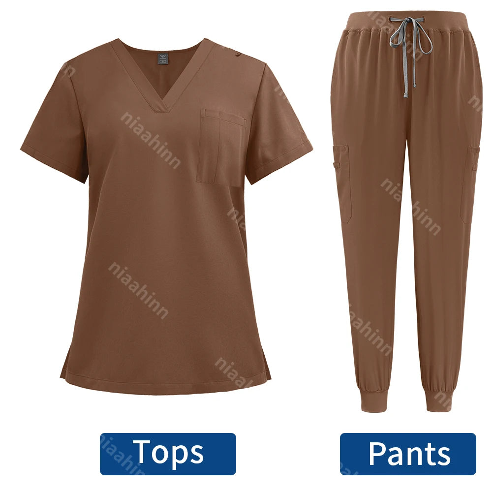 Niaahinn Surgical Uniforms Women Scrub Set Medical Nursing Workwear Dental Clinic Doctor Scrubs Tops+Pants Spa Work Unifrom Suit