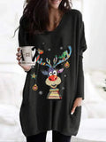 Plus Size Women's Fashion Christmas Printed Pocket Long Sleeved T-shirt Ladies Casual Autumn Winter Home Clothes Long Tee Tops