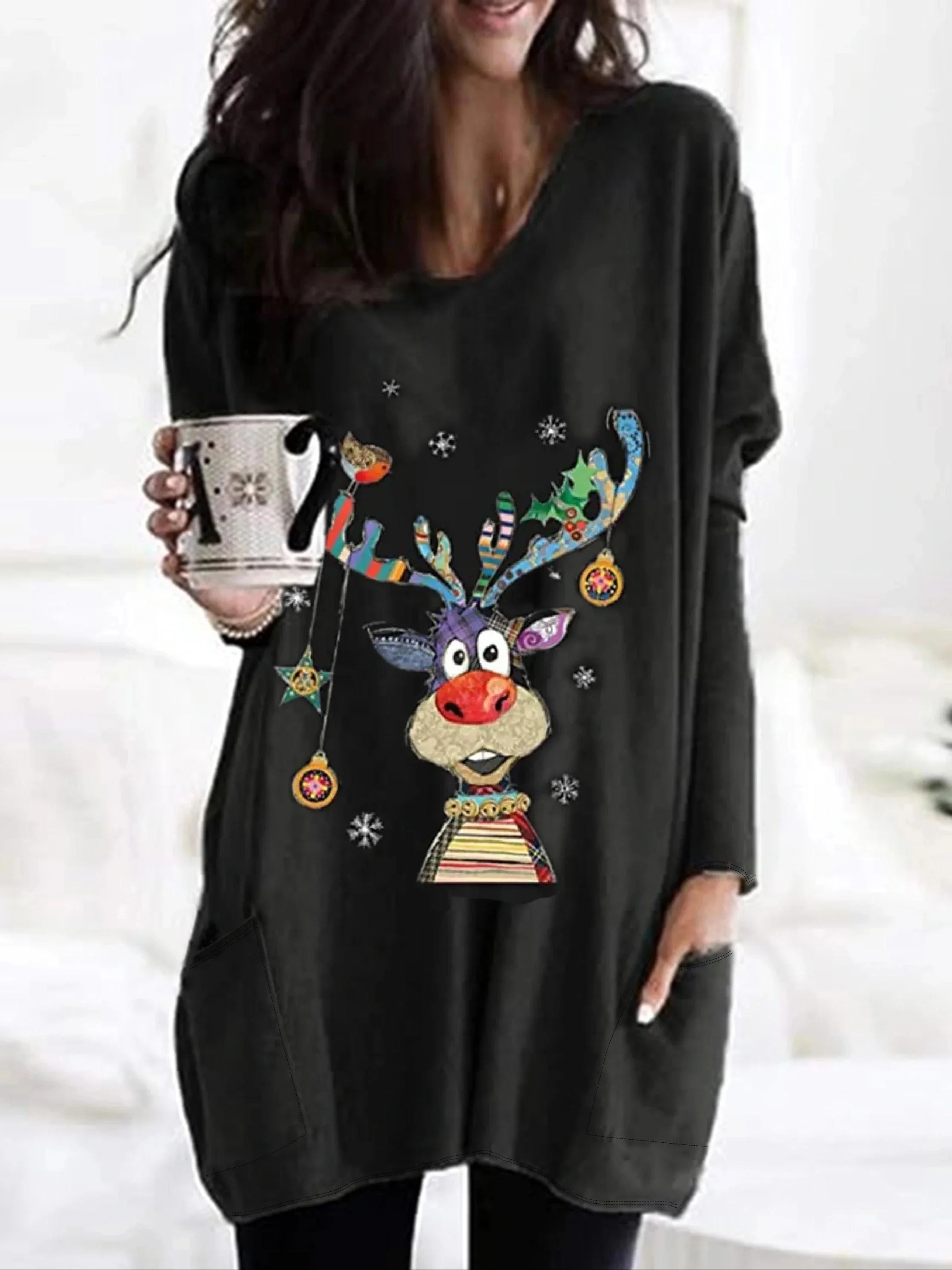 Plus Size Women's Fashion Christmas Printed Pocket Long Sleeved T-shirt Ladies Casual Autumn Winter Home Clothes Long Tee Tops