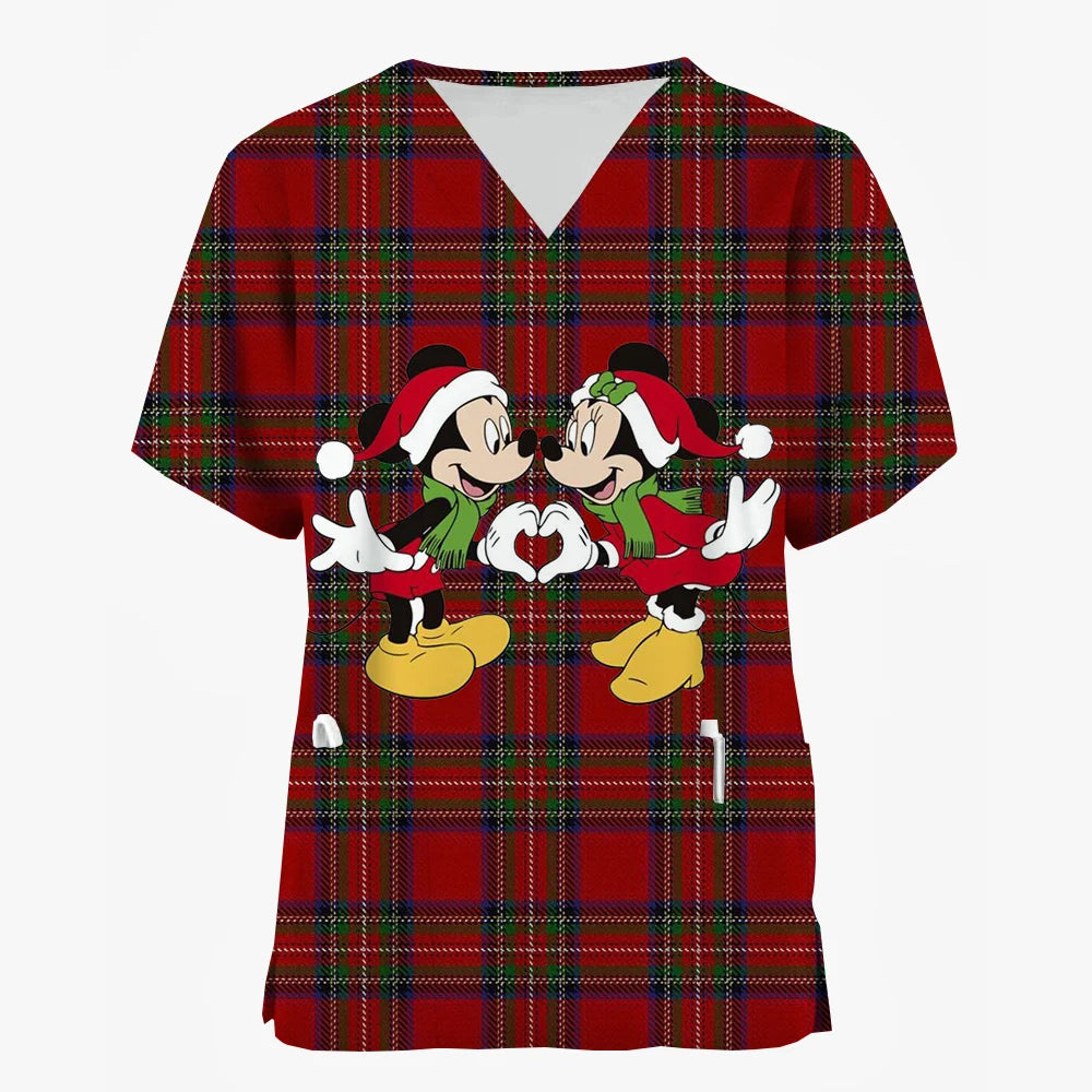 2024 Disney Uniform Women's Cartoon Stitch Print Nurse Work Shirt Pocket Gown Christmas Healthcare Nurse Scrubs