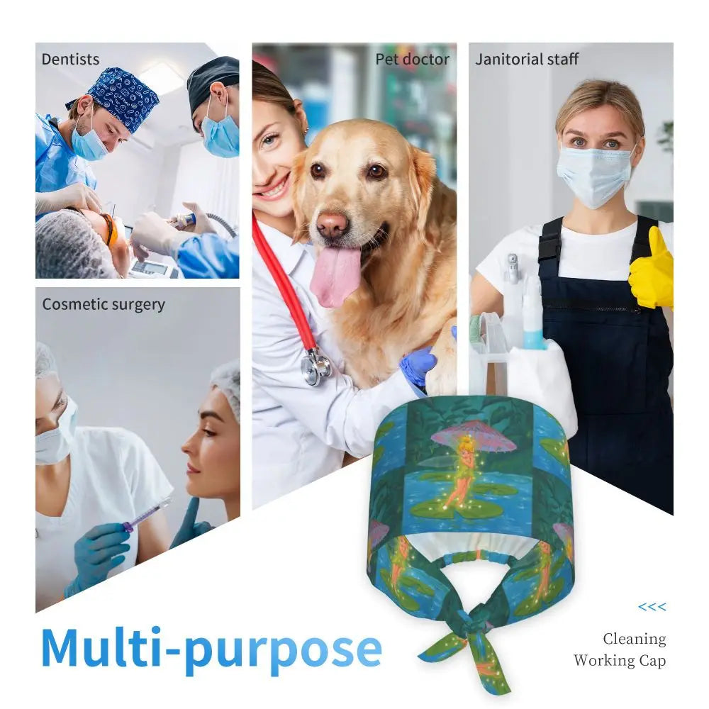 Custom Tinker Bell Breathable Nursing Work Cap Surgical Scrub Caps Unisex Nurse Medical Cap Cartoons Scrubs Hat Medical Surgical