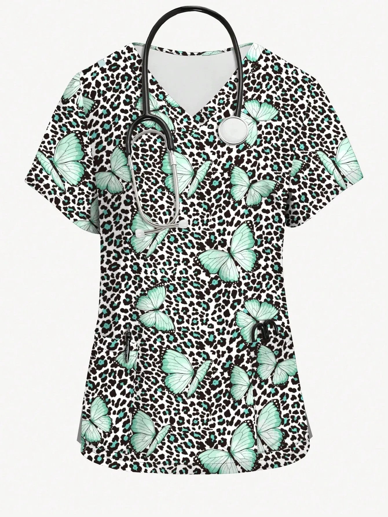 Women's V-neck Nurse Uniform Pocket T-shirt, Butterfly Print Surgical Gown Top, Nursing Work Top, Daily Commute Wear