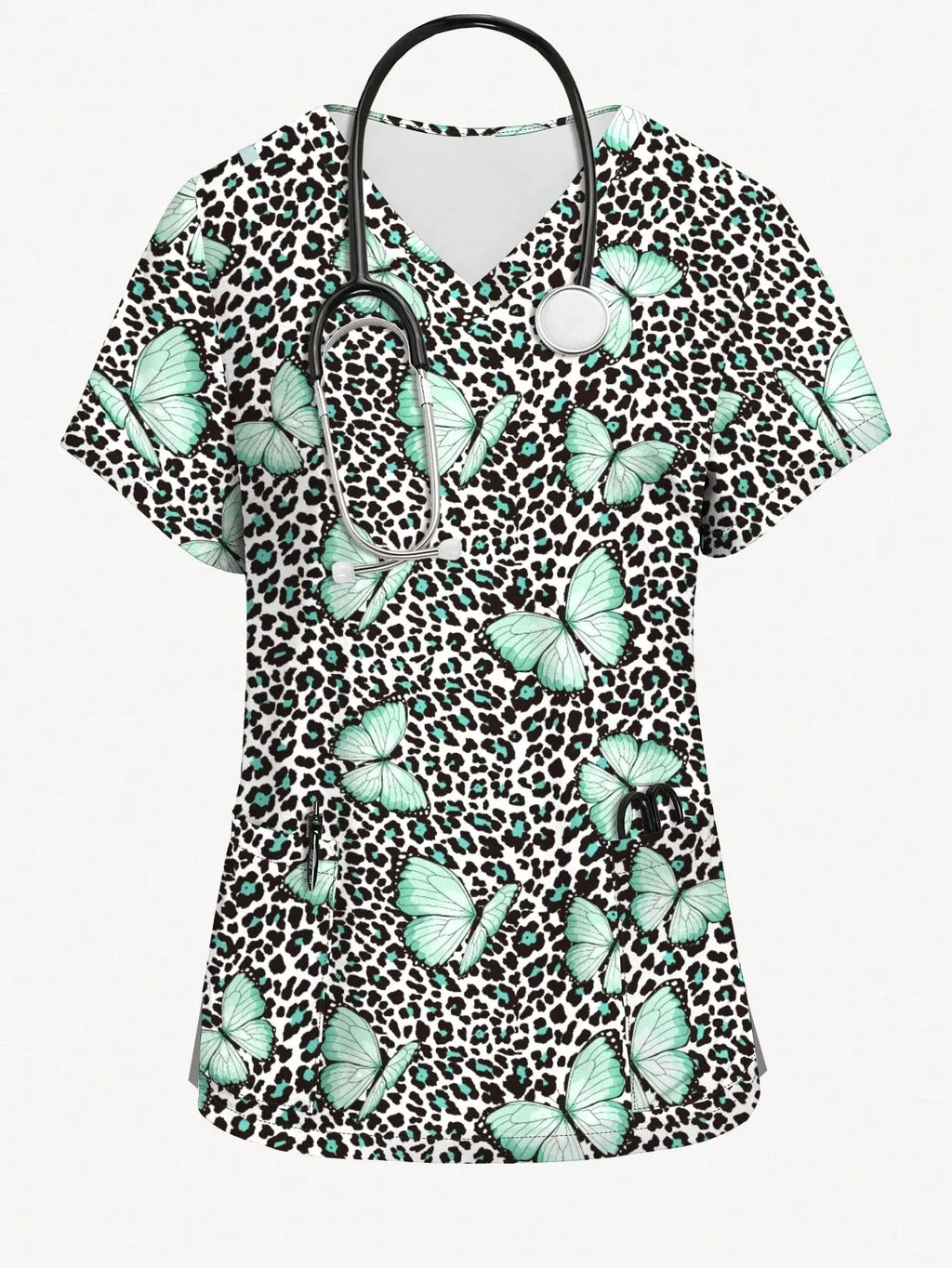 Women's V-neck Nurse Uniform Pocket T-shirt, Butterfly Print Surgical Gown Top, Nursing Work Top, Daily Commute Wear