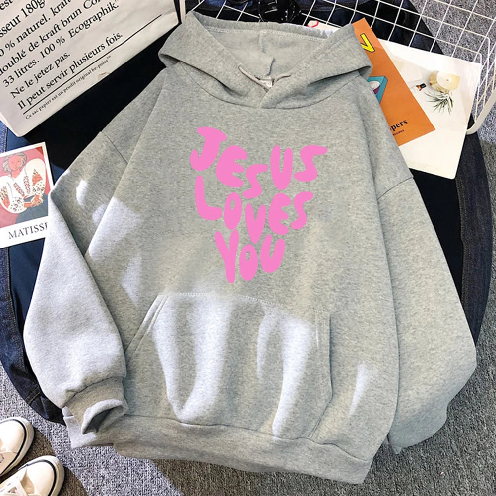Jesus Loves Me Letter Funny Prints Hoodies Women Autumn Warm Sweatshirt Fleece All-Match Clothes Pocket Oversized Hoody