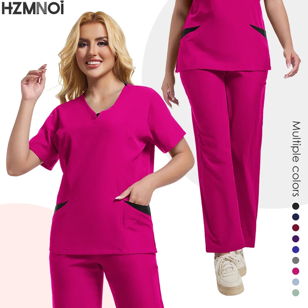 New Scrubs Uniform Suit Short Sleeve V-neck Tops+ Pants Set Nursing Uniform Women Multicolor Pet Doctor Scrub Medical Workwear