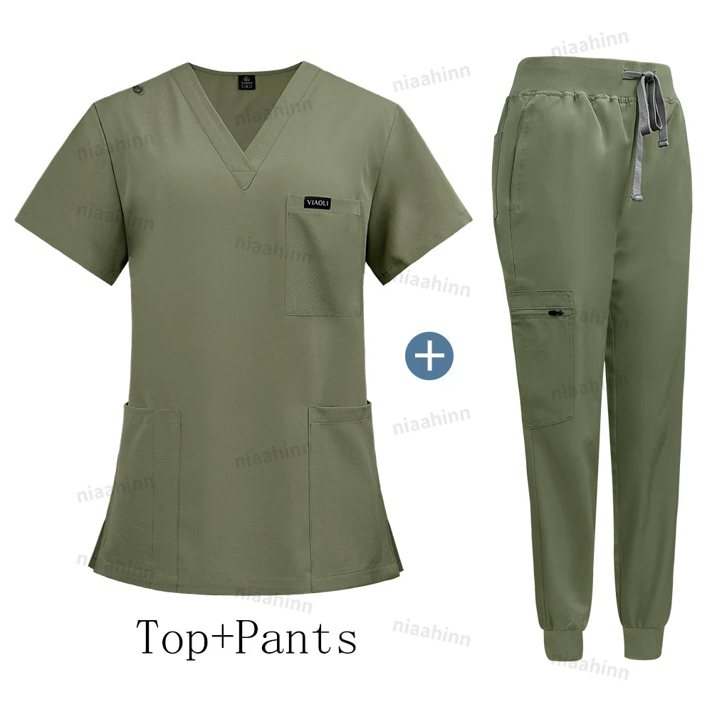 Wholesale Price Clinical Uniform Woman Hospital Doctor Work Wear Nurse Medical Clothing Short Sleeved Top Jogging Pants Set Mens