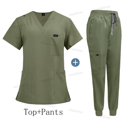 Wholesale Price Clinical Uniform Woman Hospital Doctor Work Wear Nurse Medical Clothing Short Sleeved Top Jogging Pants Set Mens