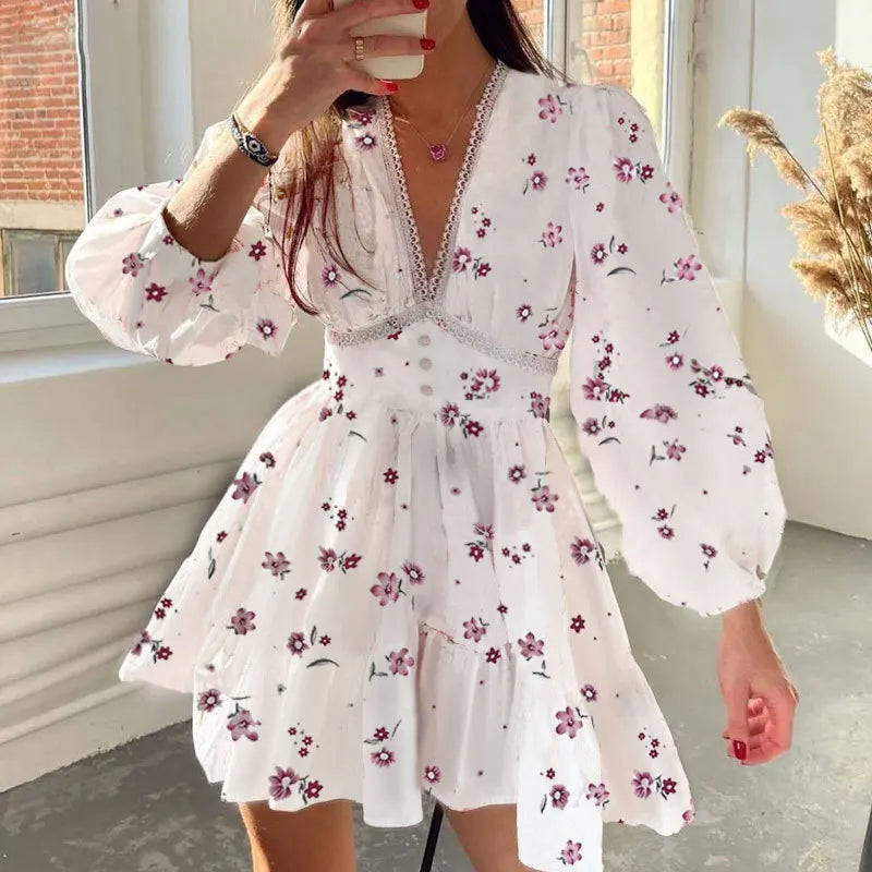 2025 New Women Summer Mini Dress Long Sleeve Flower Print Boho Dress Sexy V-Neck High Waist A-Line Dress Vestidos Clothes