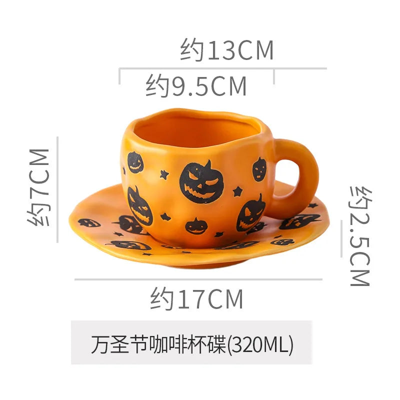 Creative Halloween-themed ceramic cups and saucers Irregular personalized coffee cups Coffee saucers Pumpkin bat pattern cups