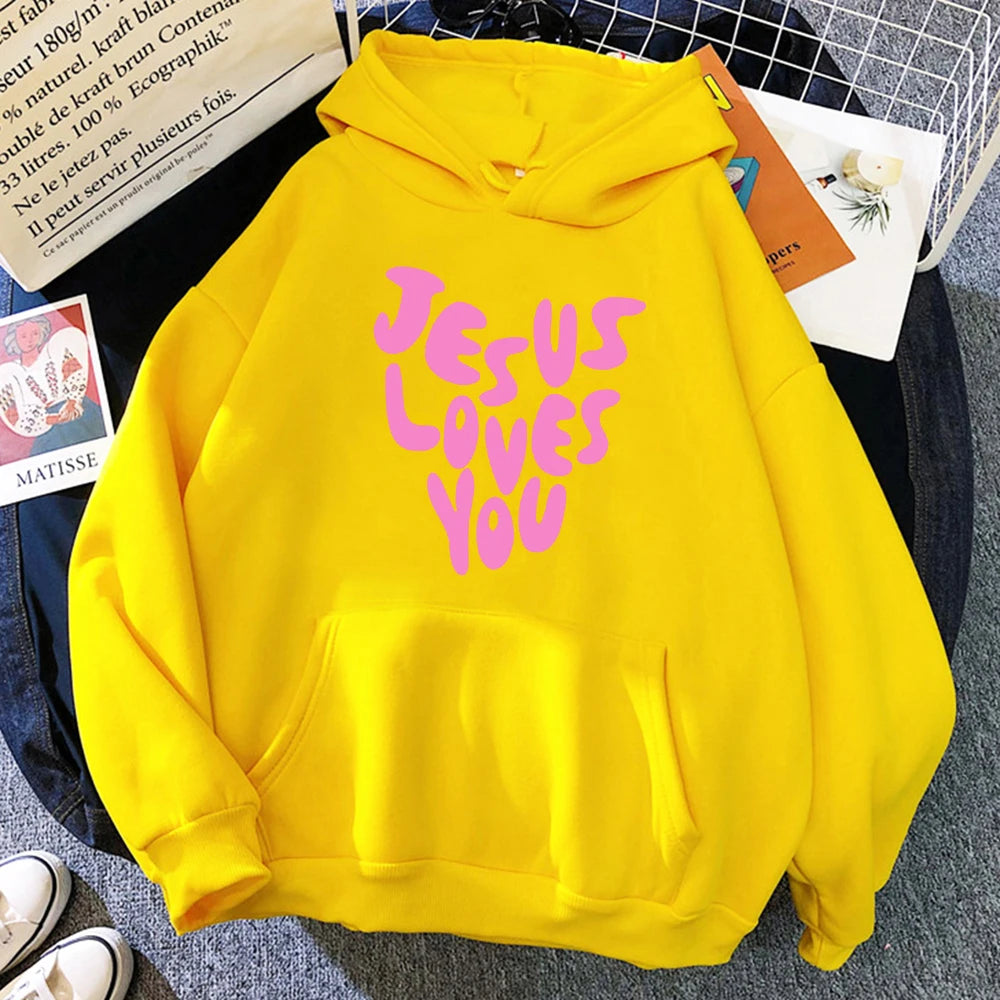 Jesus Loves Me Letter Funny Prints Hoodies Women Autumn Warm Sweatshirt Fleece All-Match Clothes Pocket Oversized Hoody