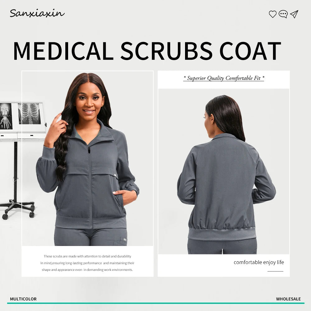 Long Sleeved Medical Scrub Jacket Pharmacy Uniform Women Solid Nurse Hospital Scrub Coat Surgical Uniforms Beauty Salon Workwear