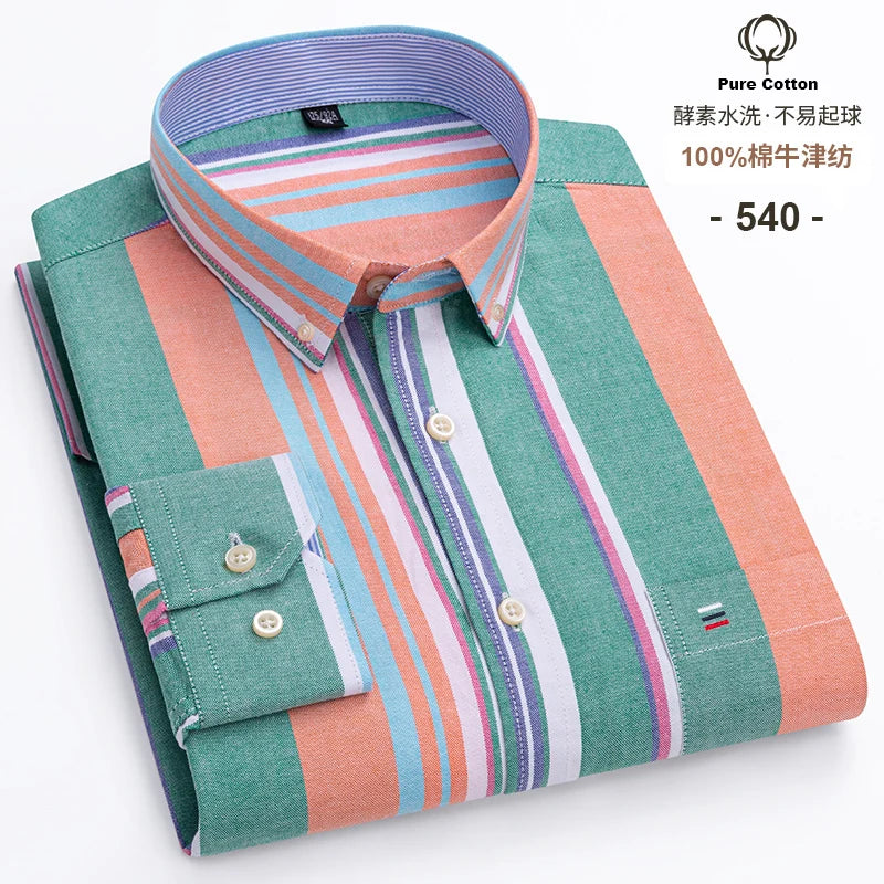New S-7XLCotton Oxford Shirt For Mens Long Sleeve Plaid Striped Casual Shirts Male Pocket Regular-Fit Button-Down Work Man Shirt