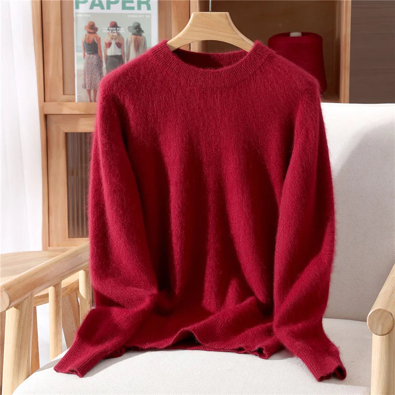 Autumn Winter Sweater Pullover Women's Clothing 100% Mink Cashmere Sweater Pullover O-Neck Basic Long Sleeve Warm Fleece Knitted