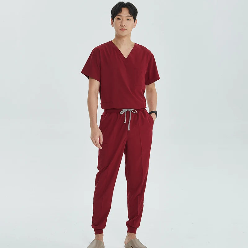 Green Hospital Work Uniforms Short-sleeved Doctor Outfit Clinical Scrub Set for Women Men Nurse V-neck Top Jogger Pant Scrub S21