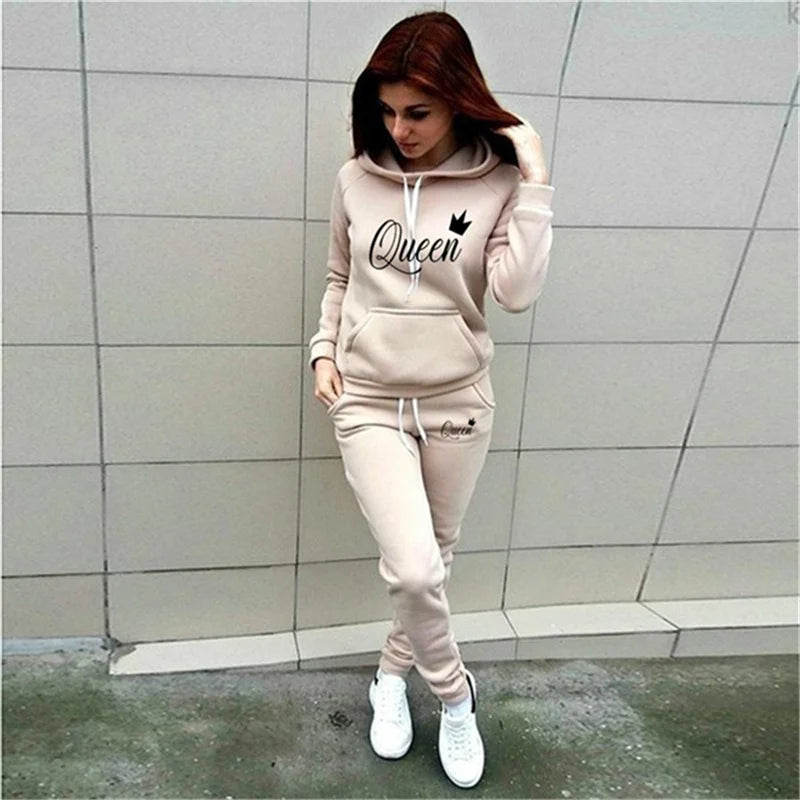 Plus Size Women's Two-piece QUEEN Printed Sportswear Jogging Suit Women's Hooded Sportswear Suit Clothes Hoodie + Sweatpants