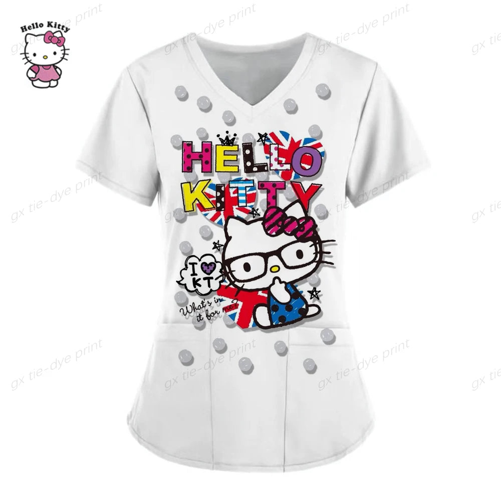 Hello Kitty Uniform Women's Cartoon Hello Kitty Print Nurse Work Shirt Pocket Gown Christmas Healthcare Nurse Scrubs