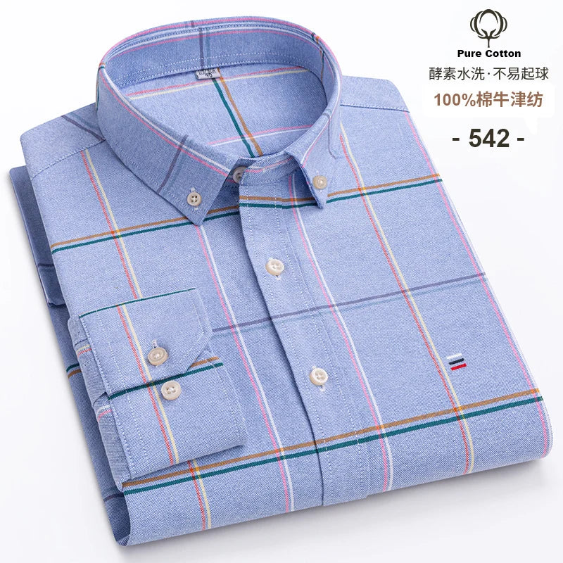 New S-7XLCotton Oxford Shirt For Mens Long Sleeve Plaid Striped Casual Shirts Male Pocket Regular-Fit Button-Down Work Man Shirt