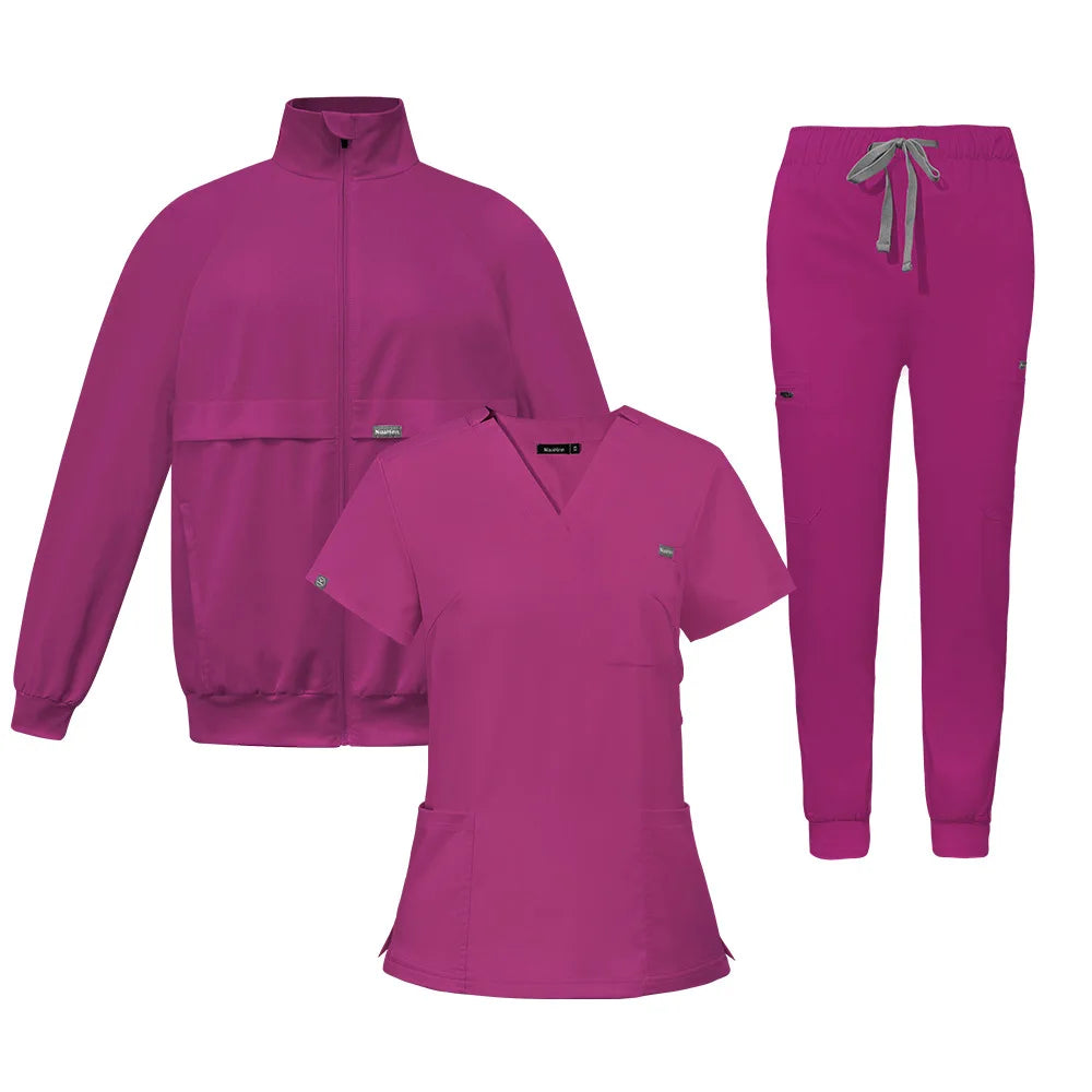 Elastic V-neck nurse hand washing suit three piece set, short sleeved pants and jacket, comfortable surgical suit set