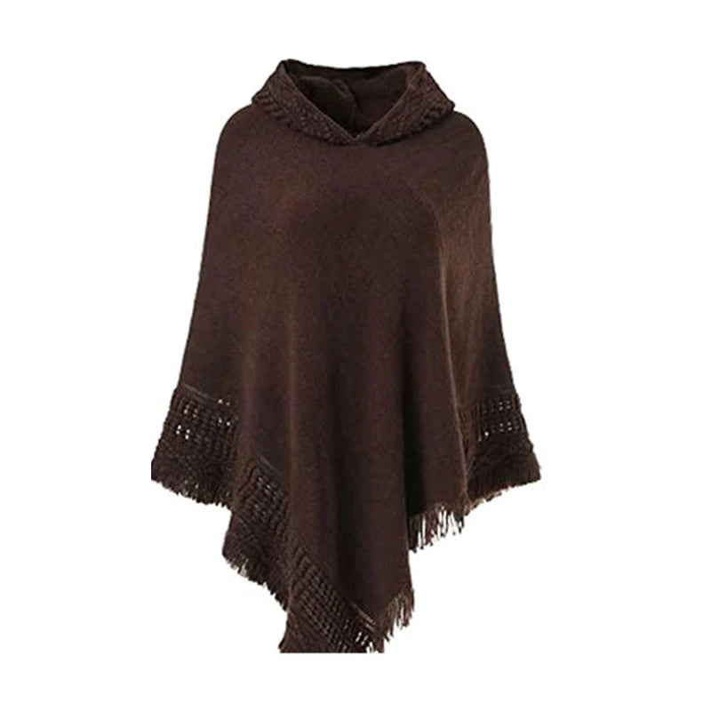 Women Winter Warm Knitted Hooded Poncho Cape Solid Color Crochet Fringed Tassel Shawl Wrap Oversized Pullover Cloak Sweater Top