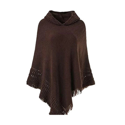 Women Winter Warm Knitted Hooded Poncho Cape Solid Color Crochet Fringed Tassel Shawl Wrap Oversized Pullover Cloak Sweater Top