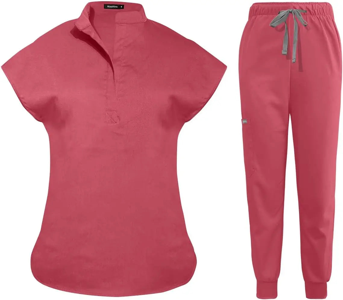 niaahinn Scrubs Set for Women Nurse Uniform Jogger Suit Stretch Top & Pants with Multi Pocket for Nurse Esthetician Workwear