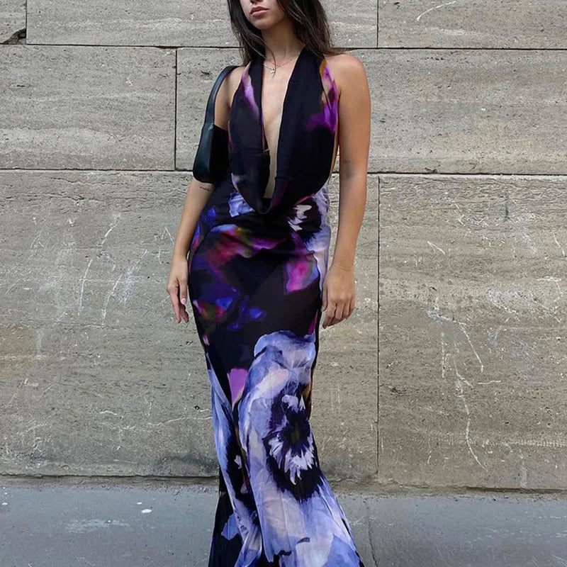 Fashion Sexy Sleeveless V Neck High Waist Halter Party Cocktail Maxi Dress Women Elegant Print Corset Evening Dress