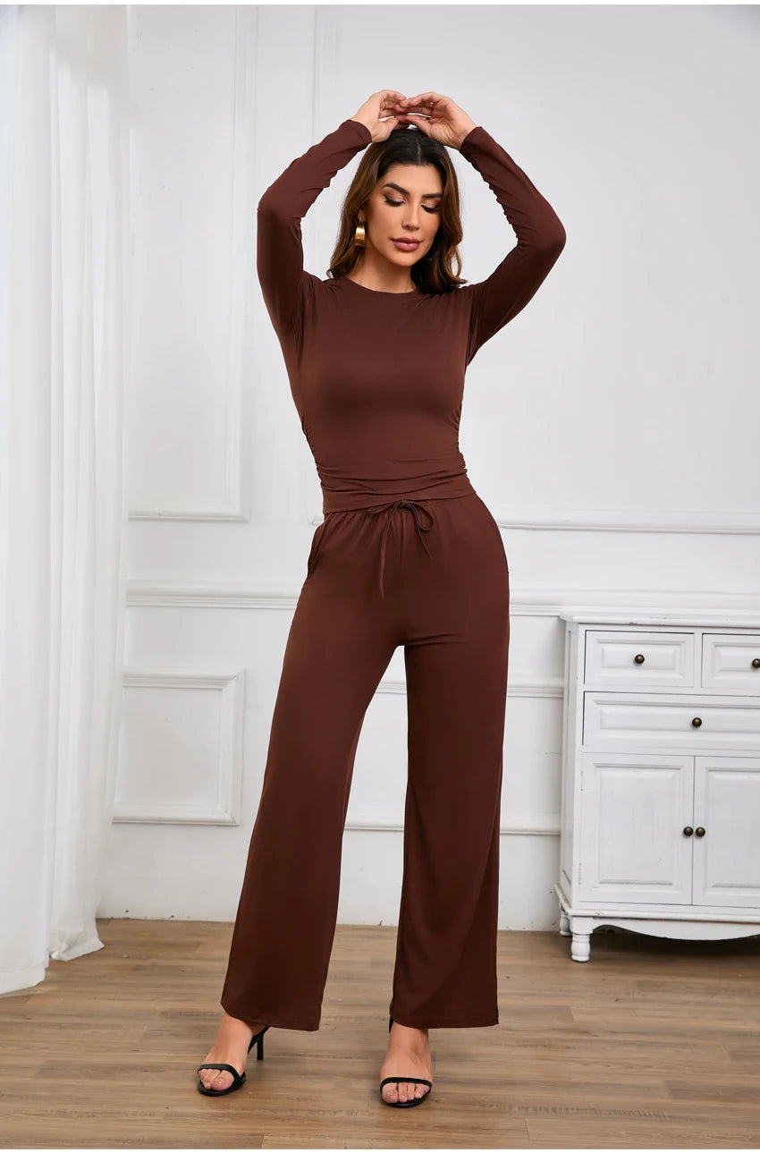 Autumn Winter Trend Fashion Women's Two Pieces Set Solid Casual O Neck Long Sleeve T-shirts & High Waist Wide Leg Pants Sets