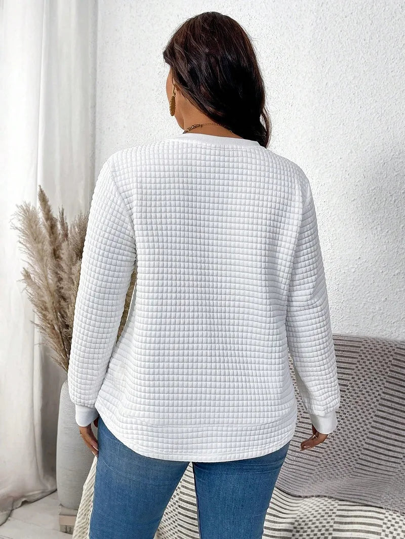 Plus-Size Women's Spring And Winter Fashion Casual Solid Color Checkered Pullover Sweatshirt Suitable For Commuting Travel