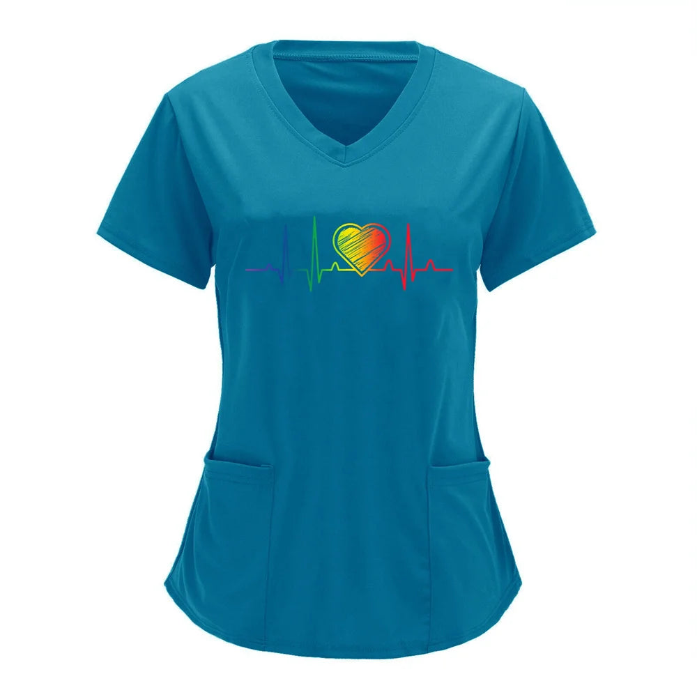 Women T-shirt Working Uniform Print Pocket Pet Grooming Nurse Uniform Clothing Hospital Solid Short Sleeve Spa V-Neck Scrub Tops