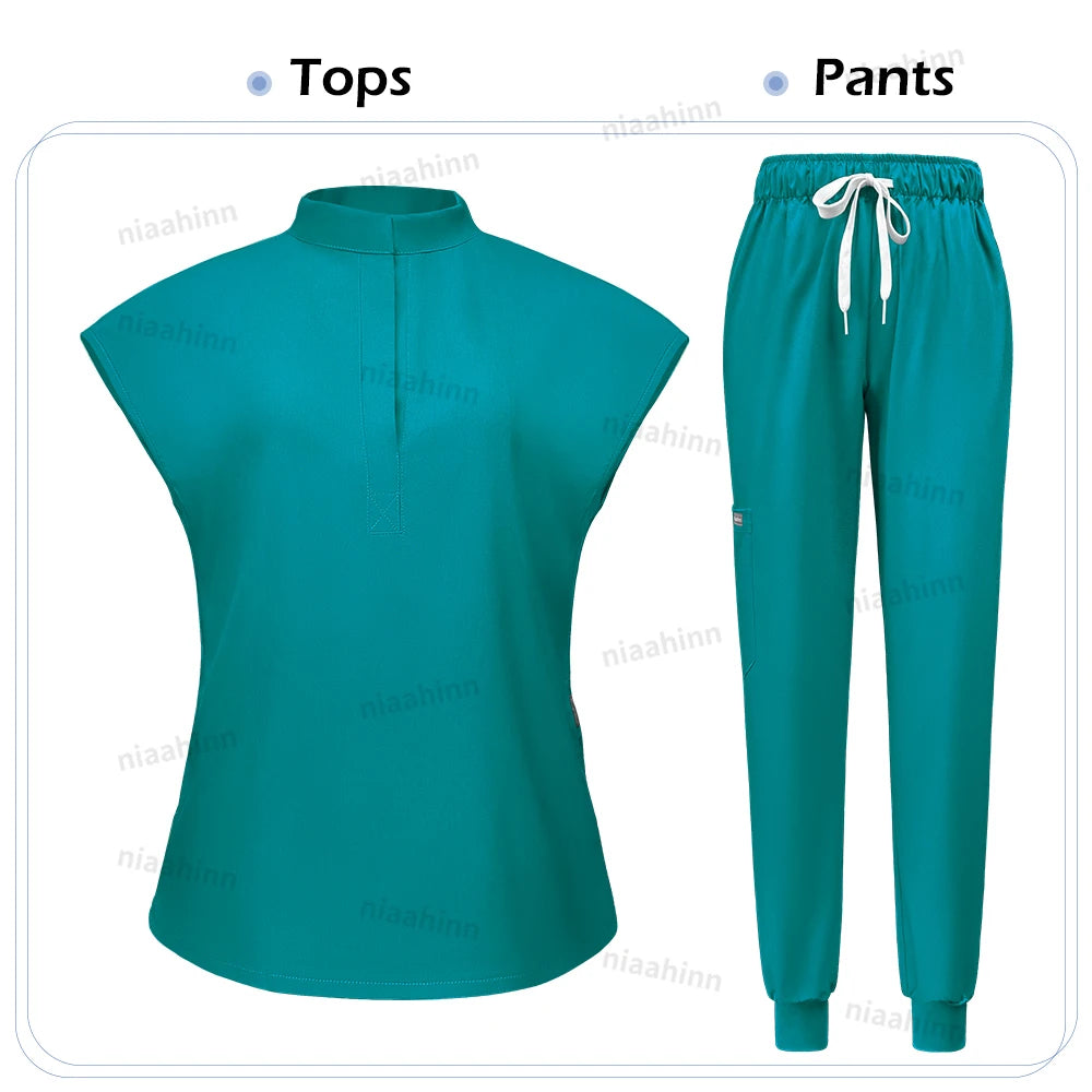 Niaahinn Scrubs Hot Sales Jogger Scrub Sets Women Solid Color Breathable Work Clothes Lab Coat Uniform Hospital Doctor Work Wear