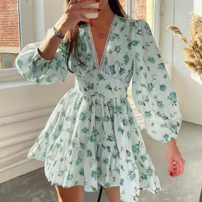 2025 New Women Summer Mini Dress Long Sleeve Flower Print Boho Dress Sexy V-Neck High Waist A-Line Dress Vestidos Clothes