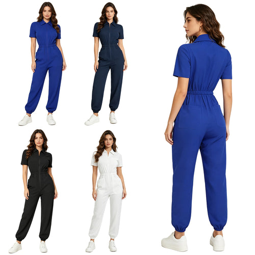Womens Short Sleeve Scrubs Jumpsuit Front Zipper Elastic Waist Jogger Pants Rompers Nurse Doctor Workwear for Caring Nursing