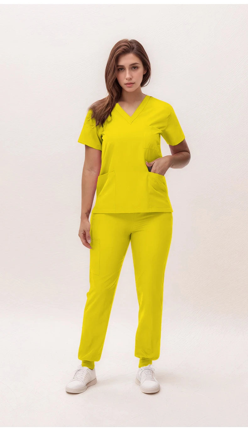 Short Sleeves Nurse Uniforms V-neck Top Jogger Pants  Women Surgical Scrubs Dentist Nursing Suit Pet Hospital Doctor Outfit S21