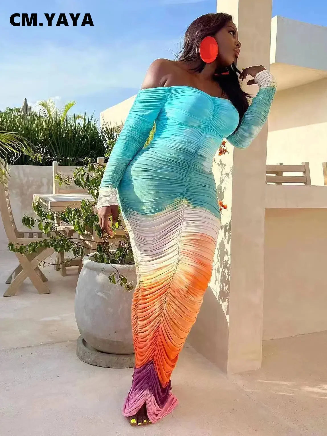 CM.YAYA Women Gradient Tie Dye Printed Off Shoulder Long Sleeve Maxi Long Midi Bodycon Ruched Dress 2023 Sexy Party Club Dresses
