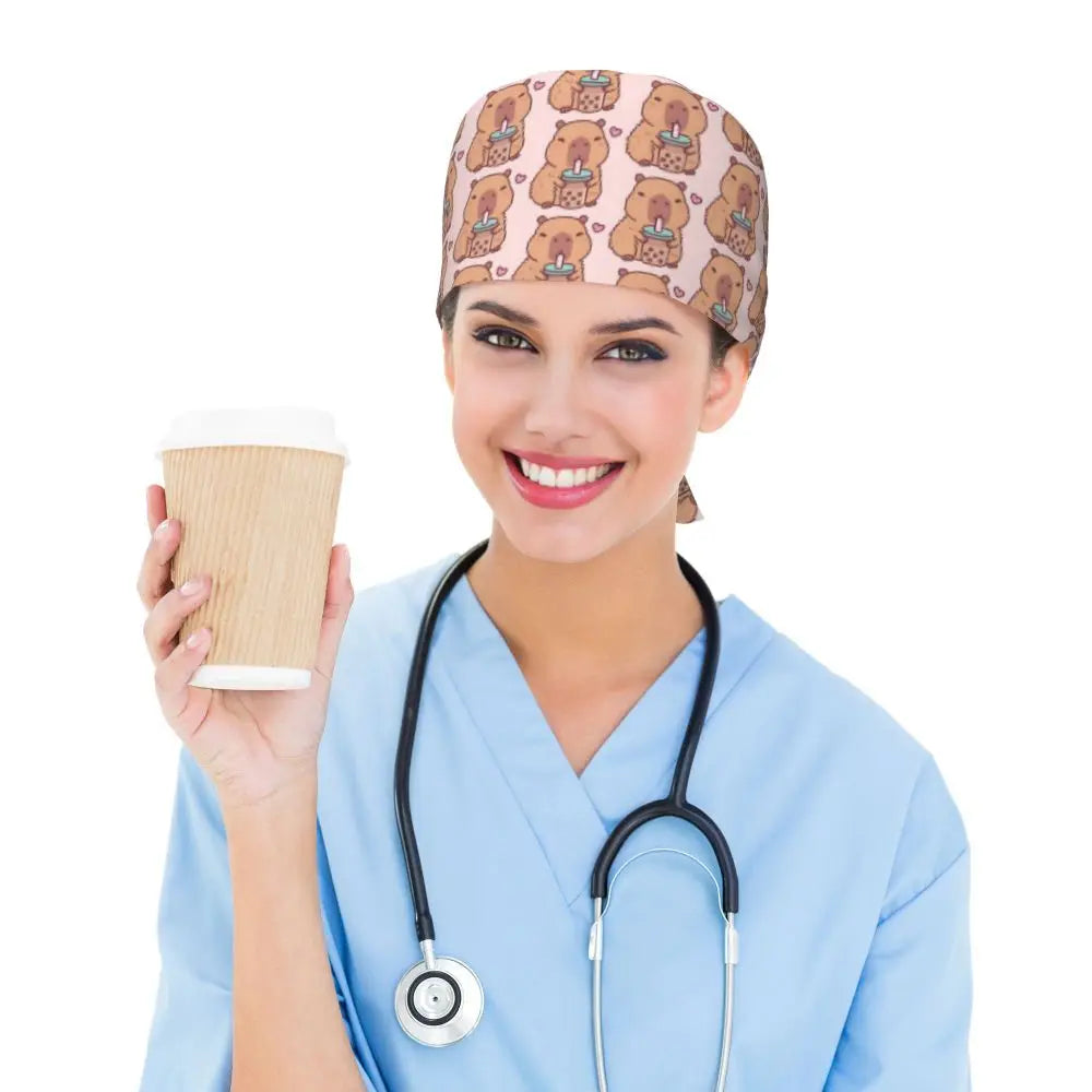 Custom Cartoon Capybara Medical Staff Scrubs Hat Women Men Comic Doctor Nursing Surgical Cap Scrub Caps