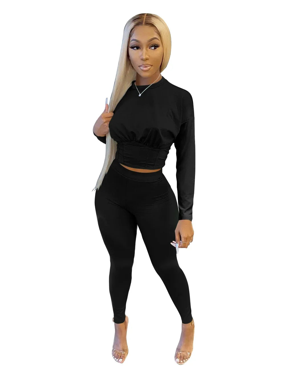 New Autumn Women's Pure Color Sports Waist Suit Fashion Casual Two-piece Set