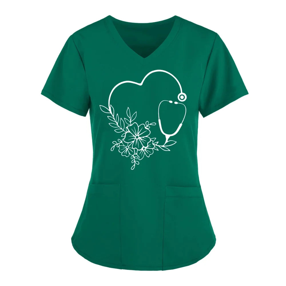 Women T-shirt Working Uniform Print Pocket Pet Grooming Nurse Uniform Clothing Hospital Solid Short Sleeve Spa V-Neck Scrub Tops