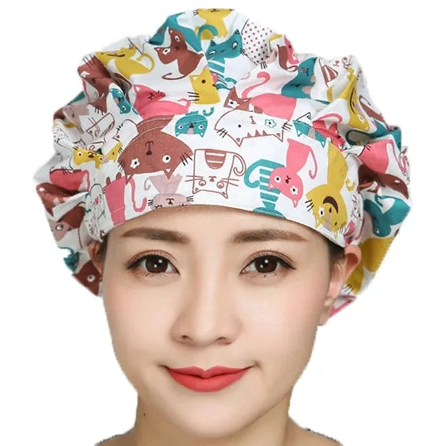 Women Printed Bouffant Scrub Caps Cotton Sweatband Adjustable Washable Reuseable Hats Casual Head Cover Working Caps Medical