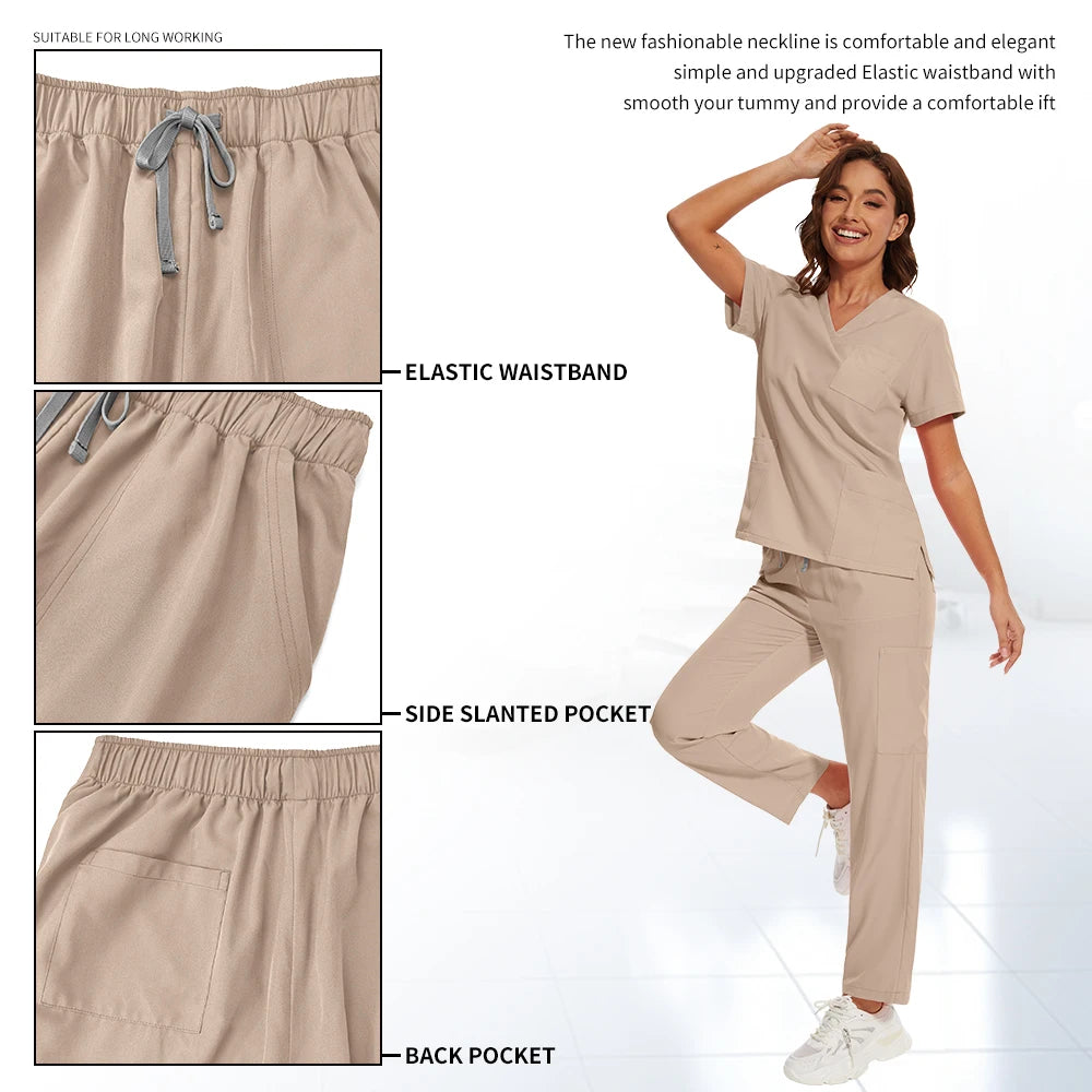 Nursing Operating Room Clothes Medical Scrubs Uniform Women Nurse Scrub Set Pocket Top+Pants 2 Piece Suit