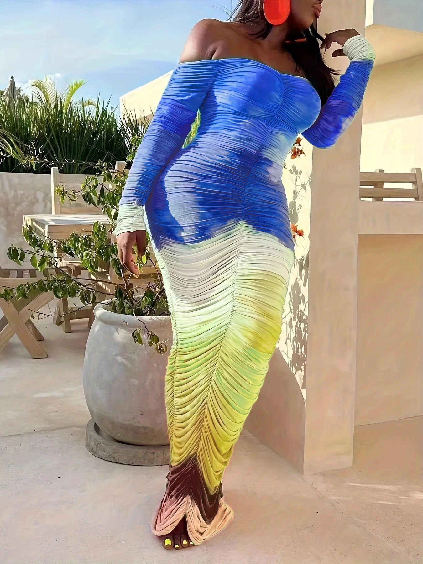 CM.YAYA Women Gradient Tie Dye Printed Off Shoulder Long Sleeve Maxi Long Midi Bodycon Ruched Dress 2023 Sexy Party Club Dresses